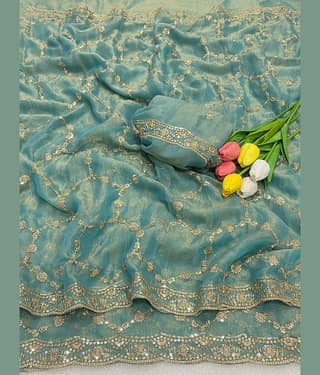 ofline selection Crepe Embroidered Regular Saree With Unstitched Blouse Piece ( Light Blue )