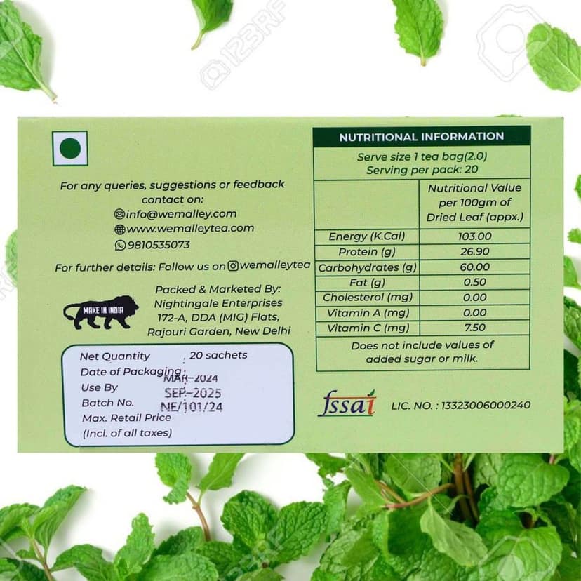 Wemalley Organic Mint Green Tea Teabags 40 grams| Improves Digestion, Skin & Heart Health| Ensures Hydration| Antioxidant| Relieves Stress| 0% Bitterness| 20 Teabags view 3