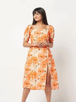 Orange Floral Slit Dress