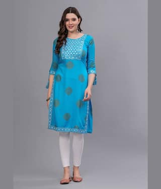 MAUKA Pack of 1 Rayon Embellished Straight Women's Kurti - ( Blue )