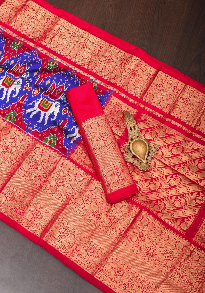 Ambari - Blue Stunning Ikkat Patola Kanjivaram Fusion Silk Saree with zari border | SILK MARK CERTIFIED view 3