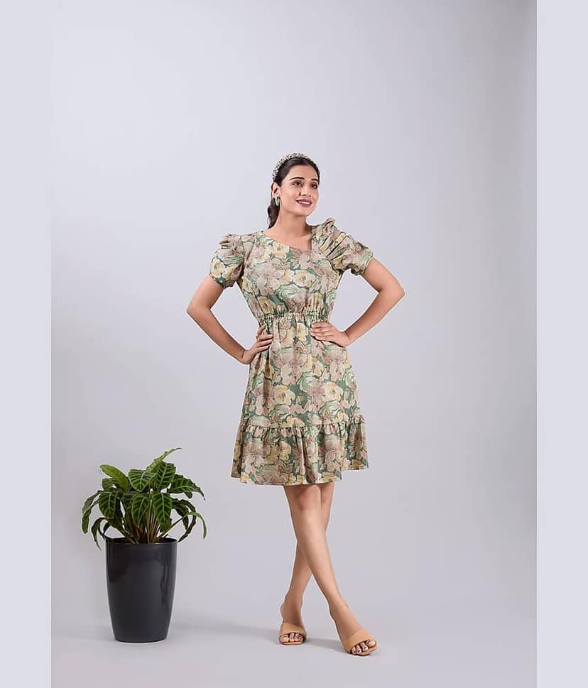 Amarasha Women Crepe Printed Fit & Flare Dress ( Olive )