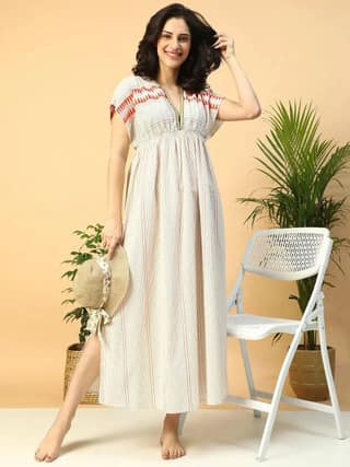 Glowin Beige Elasticated V-Neck Short Sleeve Women Beachwear Cotton Dress