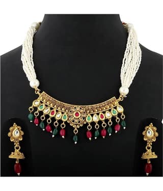 Silver Shine Alloy Golden Choker Traditional Gold Plated Necklaces Set