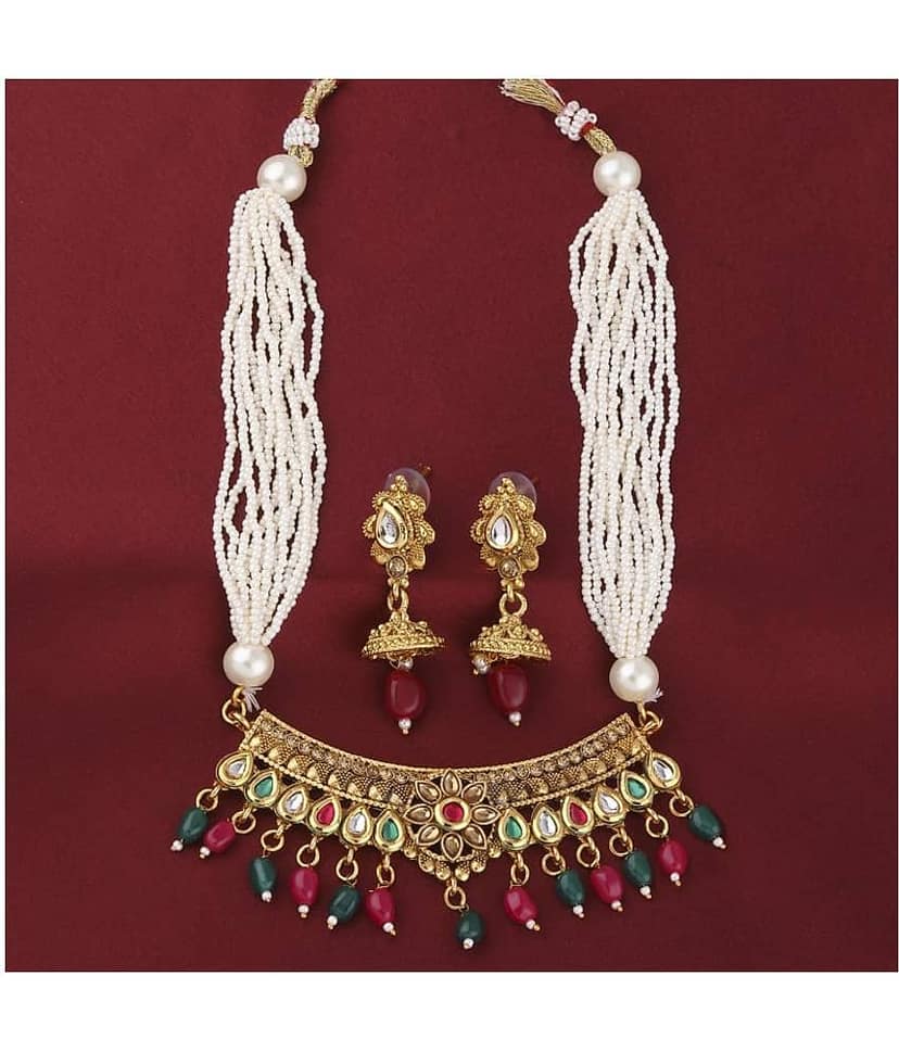 Silver Shine Alloy Golden Choker Traditional Gold Plated Necklaces Set view 2
