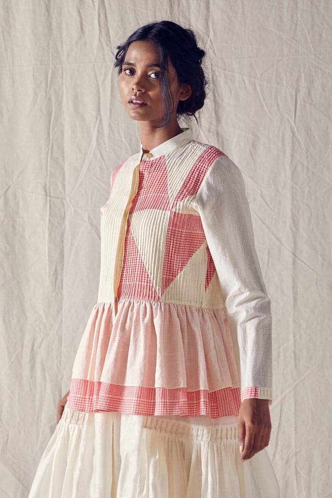 Pintucked Peplum Top In Red And Off White Checks Cotton Khadi Mulmul view 2