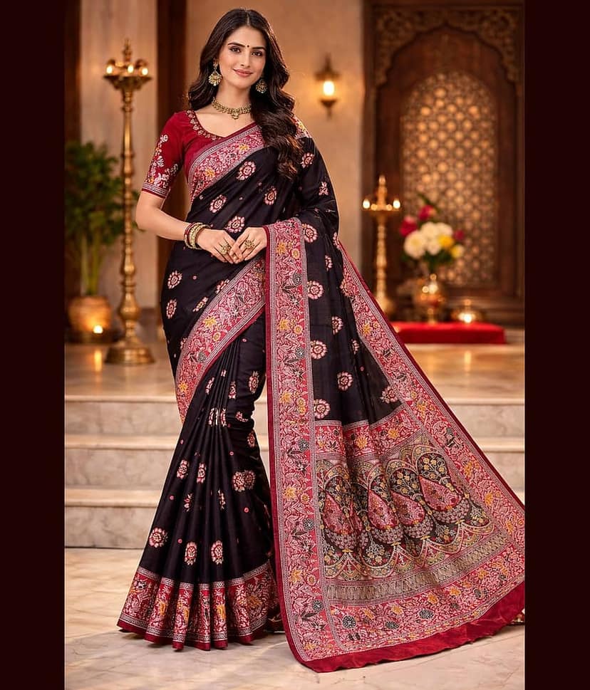 Indesa Satin Solid Banarasi saree With Unstitched Blouse Piece ( Red )