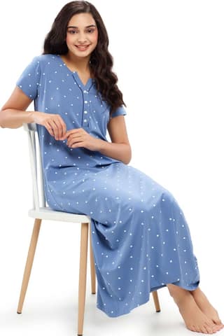 ZEYO Womens Cotton Blue Heart Printed Stylish Maxi Night Dress Nighty
