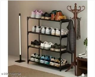 Shoe Rack 4 Shelves Durable Multipurpose Plastic Collapsible (Black, DIY)