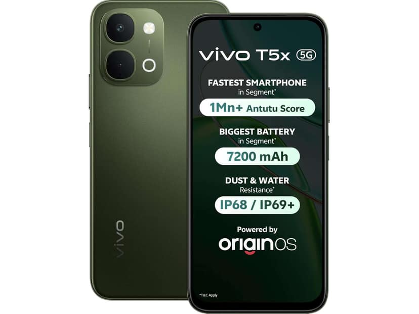 Vivo T5x 5G Smartphone (8GB RAM, 128GB Storage) 5G Connectivity, FHD+ Display, Fast Performance & Long Battery Life - Cyber Green