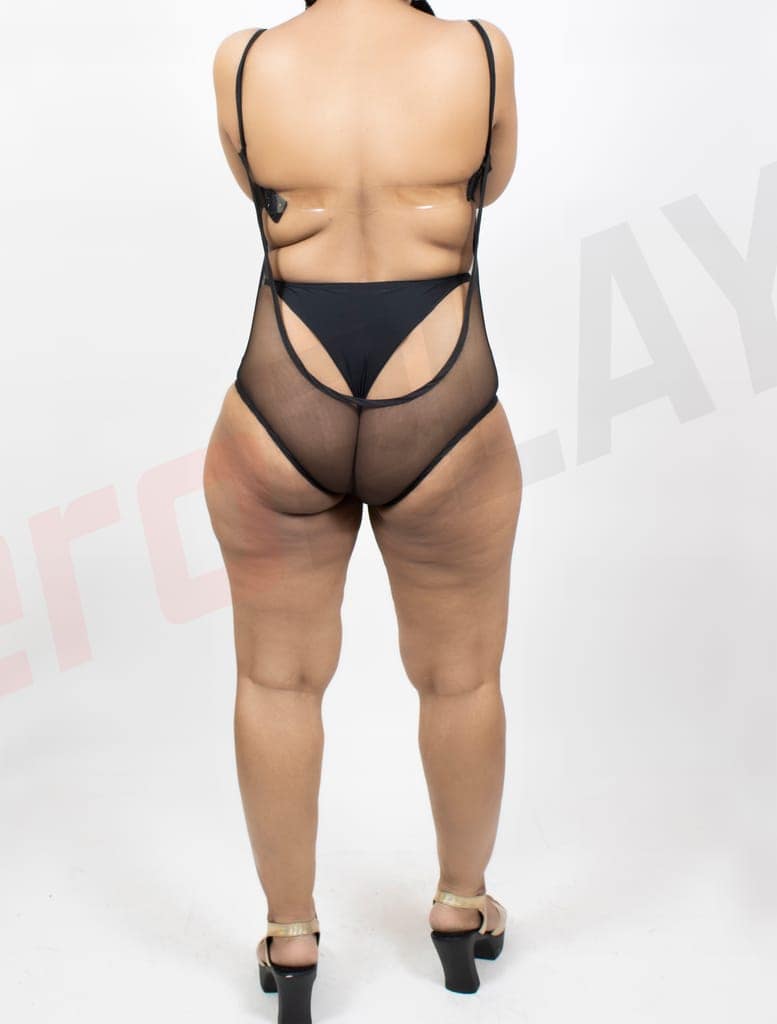 Tempting and Alluring Bare Back Transparent Black See Through Broad Neck Beach, Swim Wear Bodysuit view 3