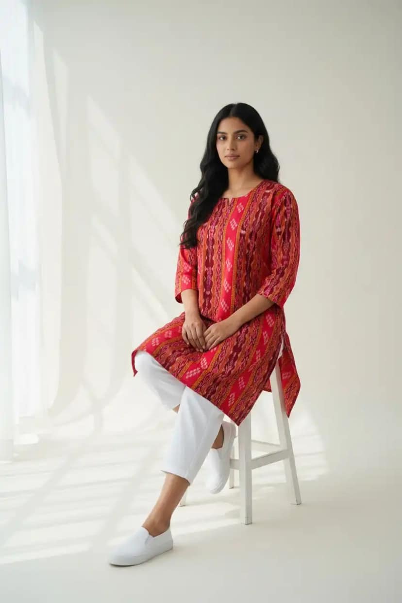 Sambalpuri Ikat Maroon Orange Cotton Kurti view 2