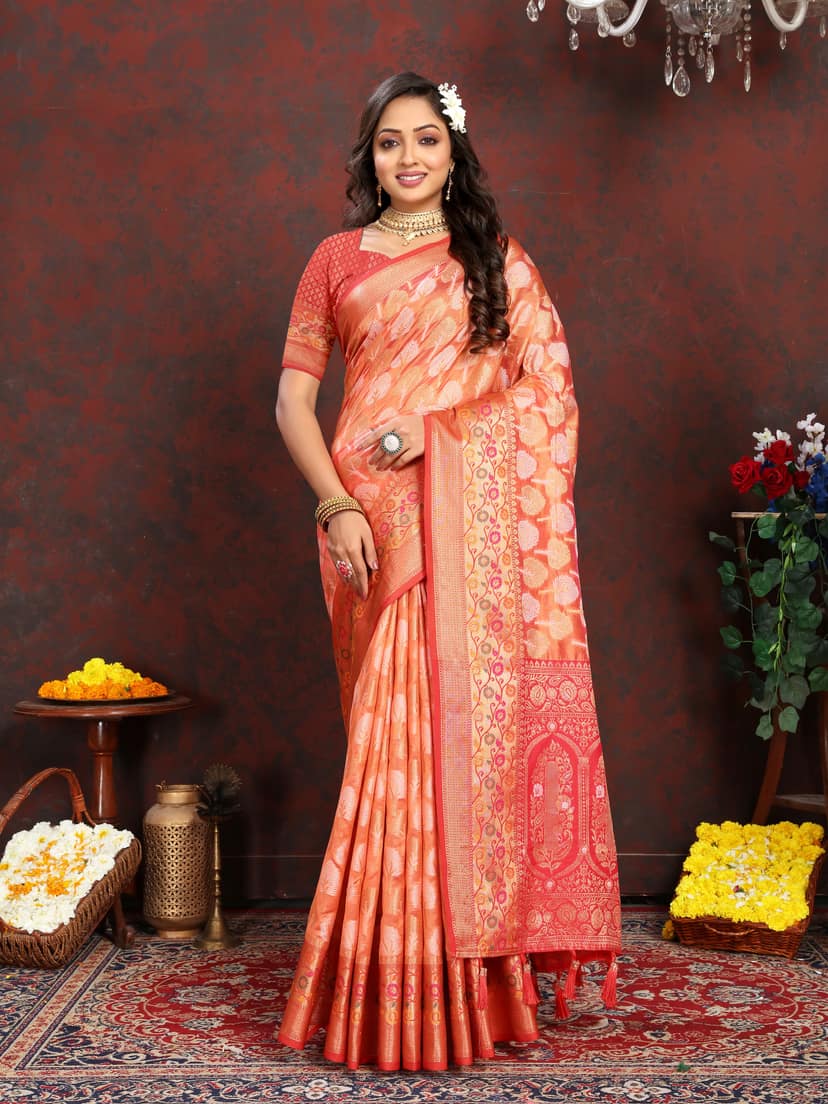 Soft organza silk saree with Meenakari weawing ...