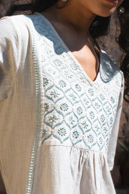 Avani Chikankari Off White Pure Cotton V Neck Dress view 3