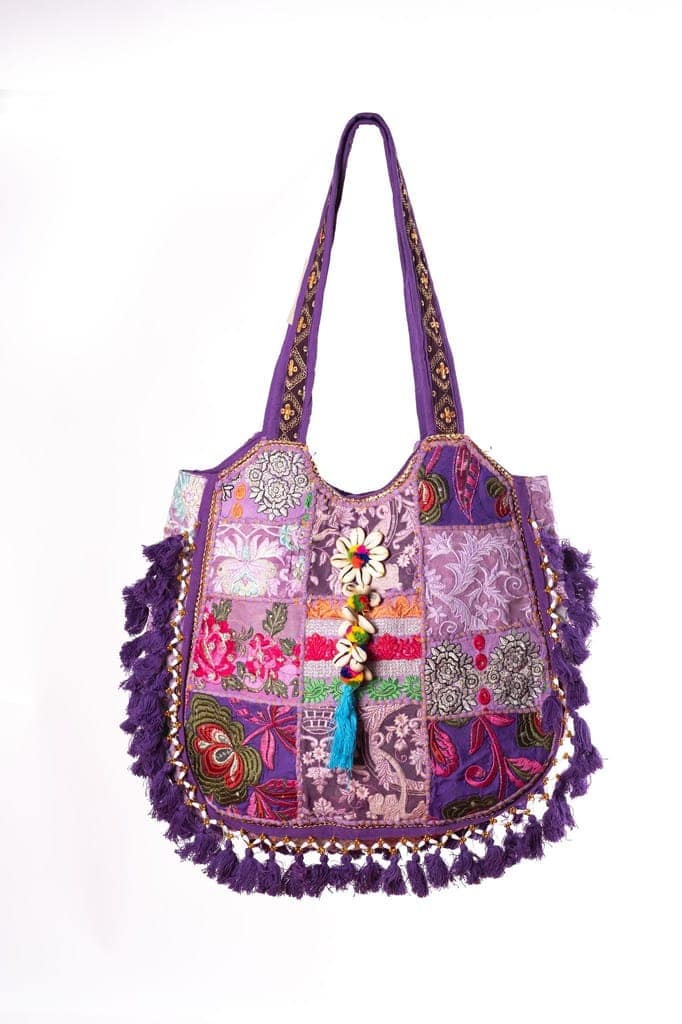 Rajasthani Patchwork Tote Bag, Handcrafted Purple Boho Chic-Cross Body Hand Bag For Women view 2