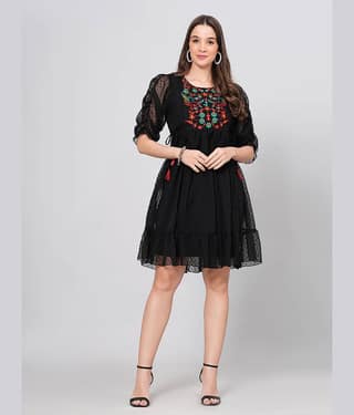 JC4U Women Crepe Printed Fit & Flare Dress ( Pink )