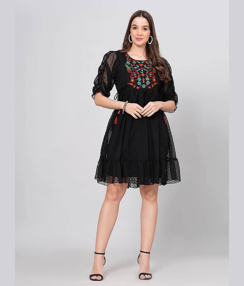 JC4U Women Crepe Printed Fit & Flare Dress ( Pink )