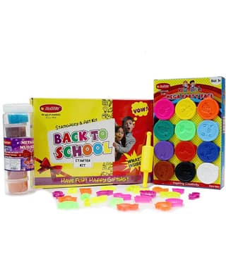 Rabbit Back To School Starter Kit+ Kid Doh Mega Joy Pack 12 Color+Play Slime Metallic Party Pack+24 Molding Toys & Belan| Play doh for Kids|Modelling Dough Set| Play Clay| Stationery Kit for Kids| Jelly Putty Toys| Age 3+