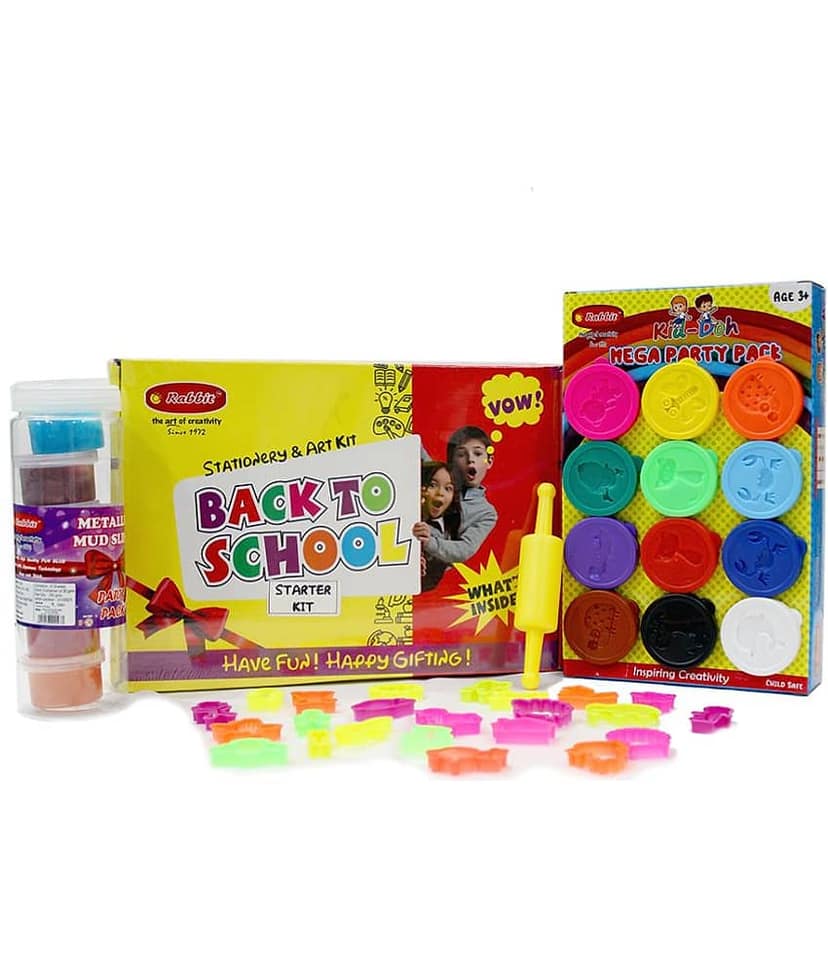 Rabbit Back To School Starter Kit+ Kid Doh Mega Joy Pack 12 Color+Play Slime Metallic Party Pack+24 Molding Toys & Belan| Play doh for Kids|Modelling Dough Set| Play Clay| Stationery Kit for Kids| Jelly Putty Toys| Age 3+