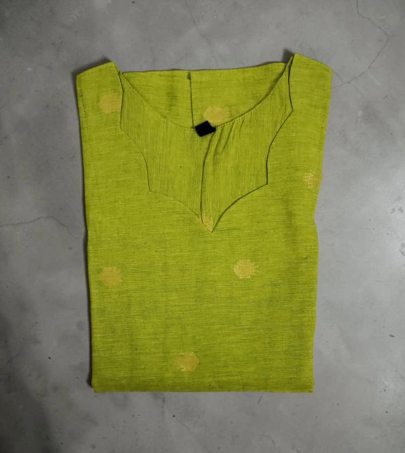 Parrot Green Mangalagiri South Cotton Kurti with Gold Buttas view 5