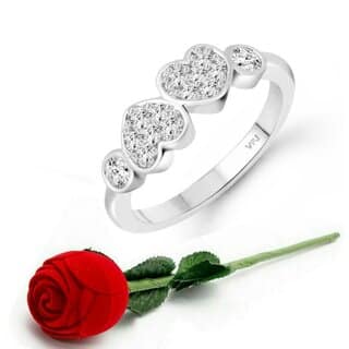 VFJ Couple Heart (CZ) Rhodium Plated Ring with Scented Velvet Rose Ring Box for women and girls and your Valentine.