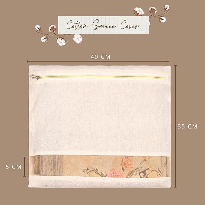 Panchhi Store Cotton Saree Covers for Storage | Saree Bags with Zipper 16x14 Inches | Cloth Organizer for Wardrobe, Storage Organiser Transparent Mesh Window Saree Organiser beige Color view 2