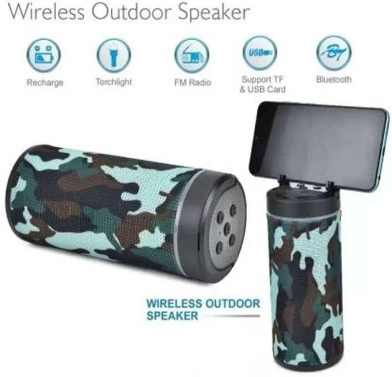 KT-125 Mini Handy Bluetooth Speaker, Portable, Splash-Proof, High Bass Sound, FM Radio, TF Card Slot, Built-in Mic, with inbuilt Phone Stand Color - Foji