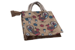 Eco-Friendly Jute Bag with Traditional Peacock/Rooster & Floral Print - Reusable Tote