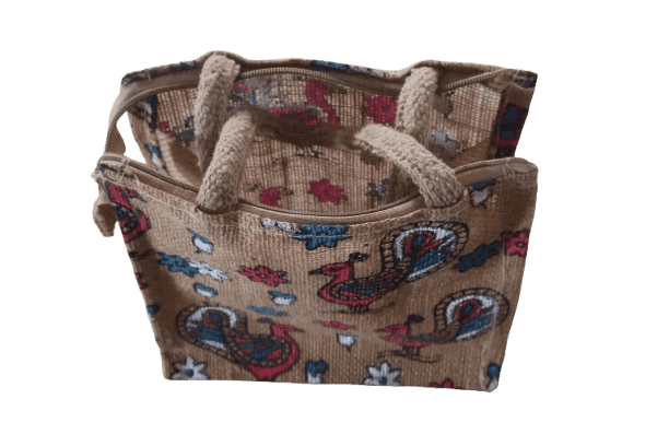 Eco-Friendly Jute Bag with Traditional Peacock/Rooster & Floral Print - Reusable Tote view 2