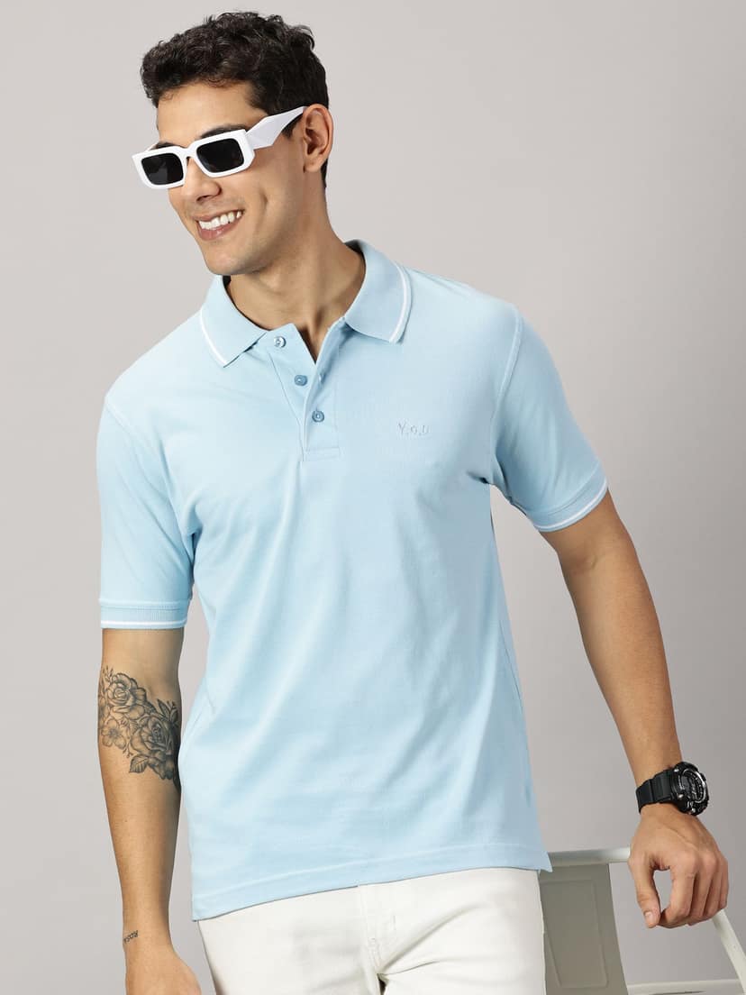 Pure Cotton Ice Blue Solid Polo view 3