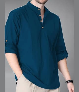 Yugnik Cotton Blend Plain Shirt Style Kurta For Men ( Brown )