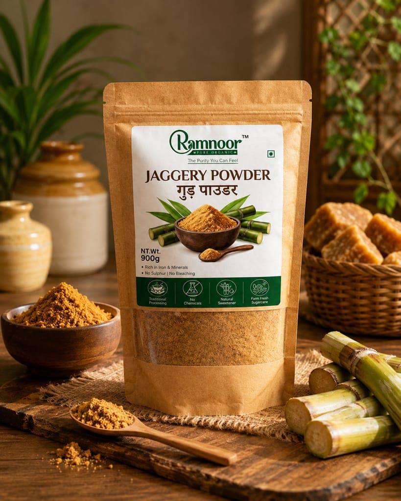 Ramnoor Pure Organic Jaggery Powder | Natural Unrefined Gud Powder | No Chemicals & No Preservatives | 900g view 3
