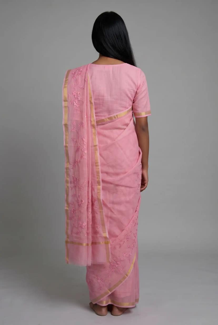 Soft Pink Saree with Golden Border and Blouse Piece view 3