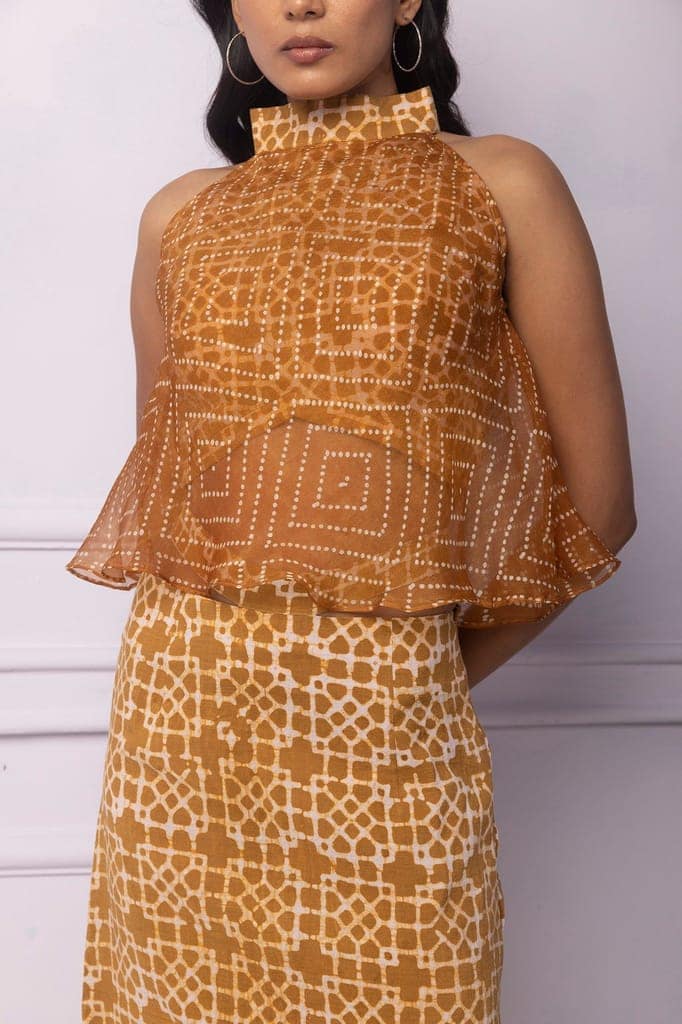 Muddy Yellow Batik Printed Halter Neck With Organza Layer Top view 3
