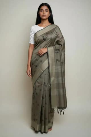Sambalpuri Baandha Ikat Cotton Saree in Dusty Khaki with Blouse