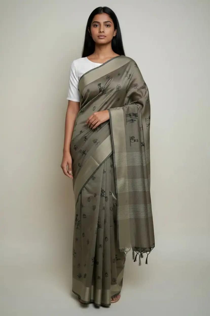 Sambalpuri Baandha Ikat Cotton Saree in Dusty Khaki with Blouse