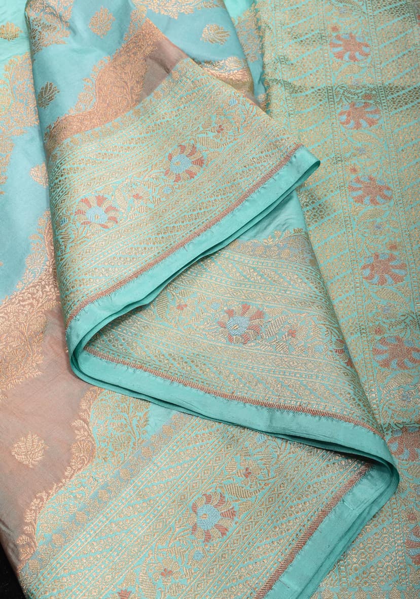 Sky Blue and Peach leheria Jaal Banarasi katan silk saree with zari Meenakari border | SILK MARK CERTIFIED view 4