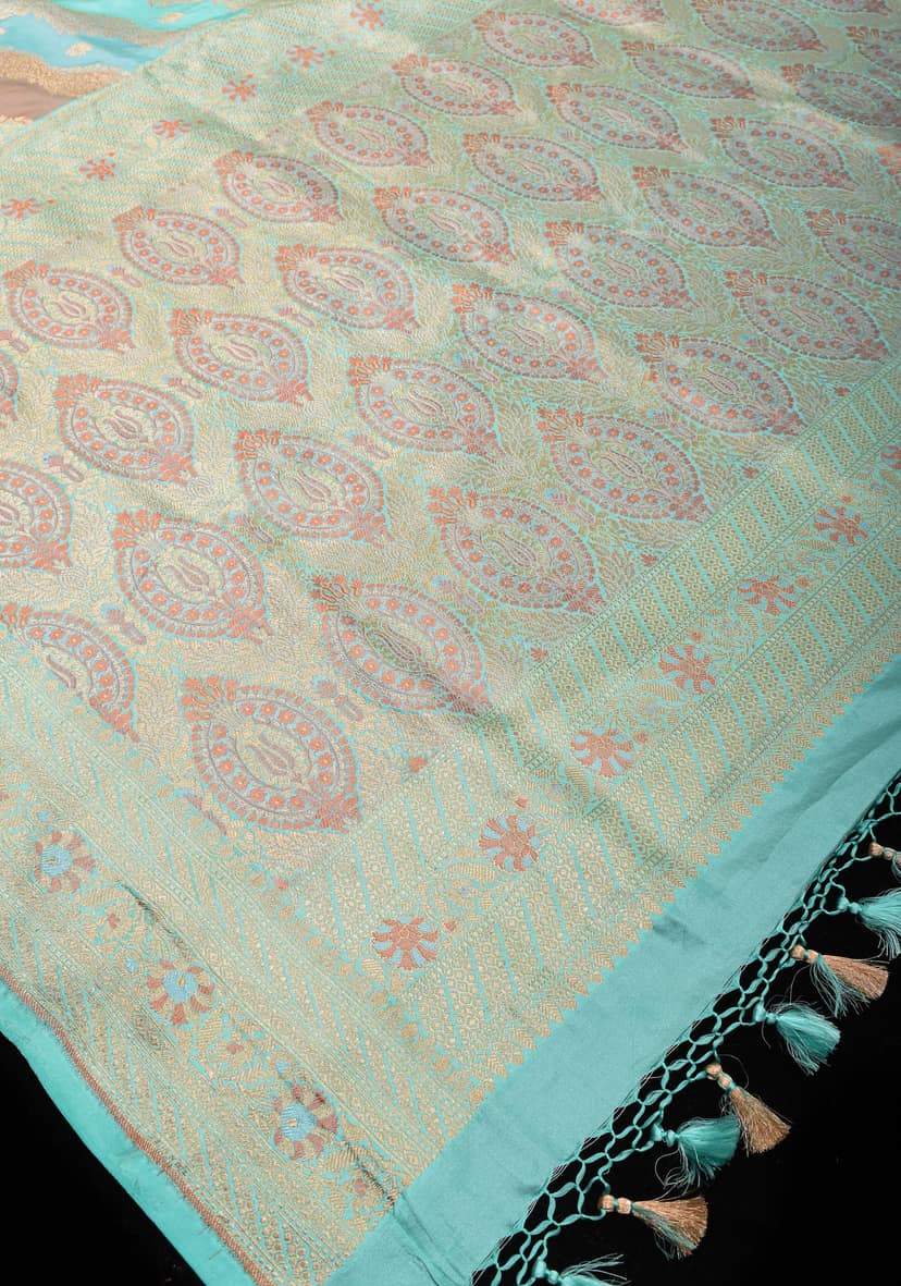 Sky Blue and Peach leheria Jaal Banarasi katan silk saree with zari Meenakari border | SILK MARK CERTIFIED view 6