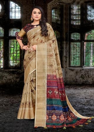 Digital Printed Cotton Silk Saree in Beige