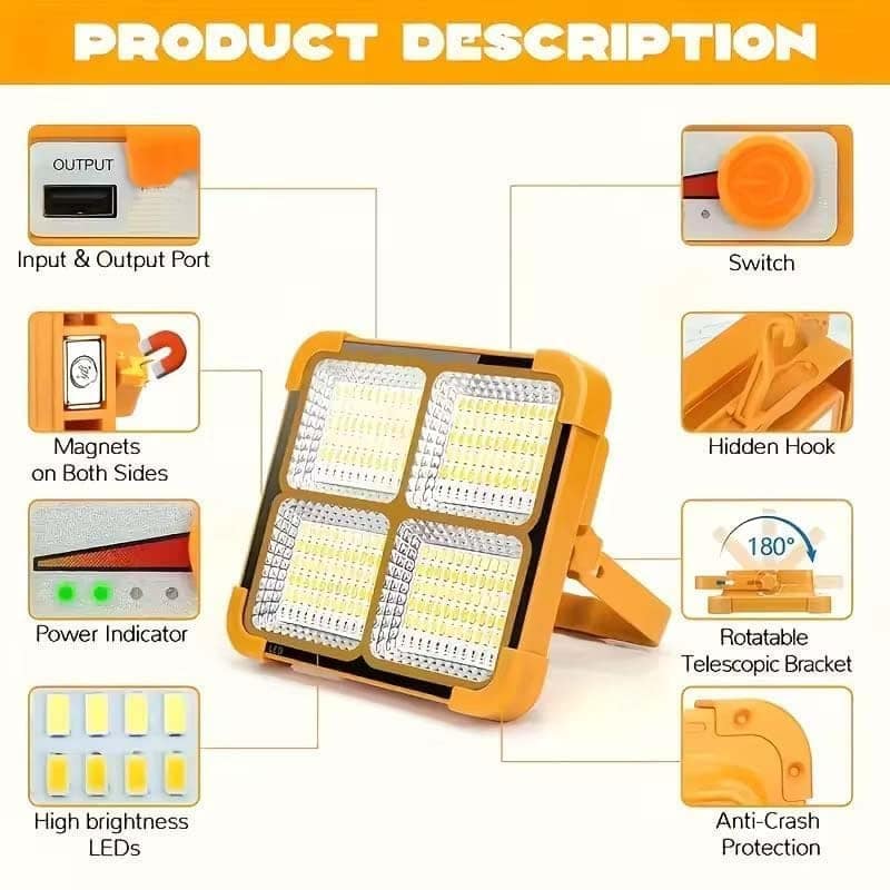 100W Solar LED Work Light, Rechargeable Flood Light with 12000 mAh Battery, USB Power Bank, IP66 Waterproof for Camping, Garage & Emergency view 2