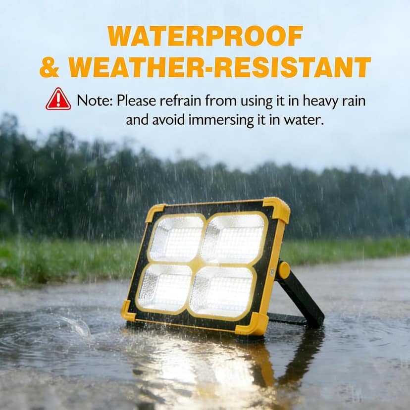 100W Solar LED Work Light, Rechargeable Flood Light with 12000 mAh Battery, USB Power Bank, IP66 Waterproof for Camping, Garage & Emergency view 4