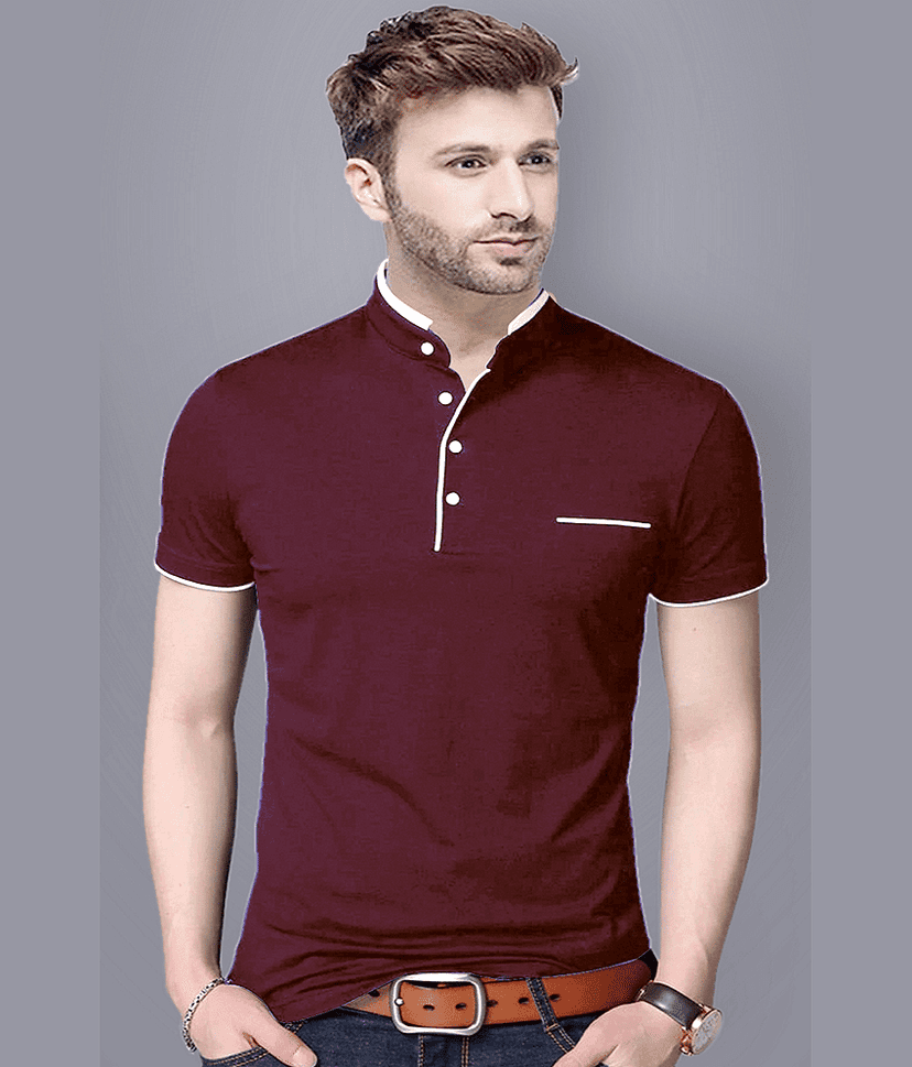 Reya Cotton Blend Regular Fit Solid Half Sleeves Men's Mandarin Collar T-Shirt - Blue ( Pack of 1 )