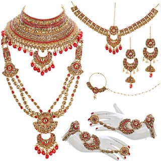 Lucky Jewellery Ethnic Copper Finish Bridal Golden Red Color Drops Alloy Gold Plated Wedding Dulhan Shadi Jewellery Set For Girls & Women (3630-G2ZR-195-LCT-RED)