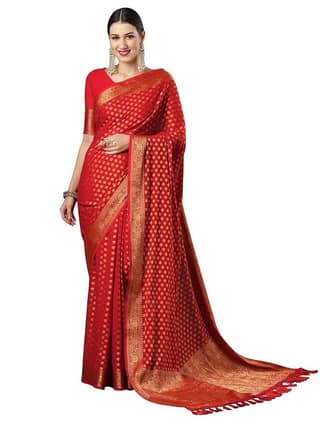 Red Banarasi Silk Saree With Golden Zari Work And Pallu