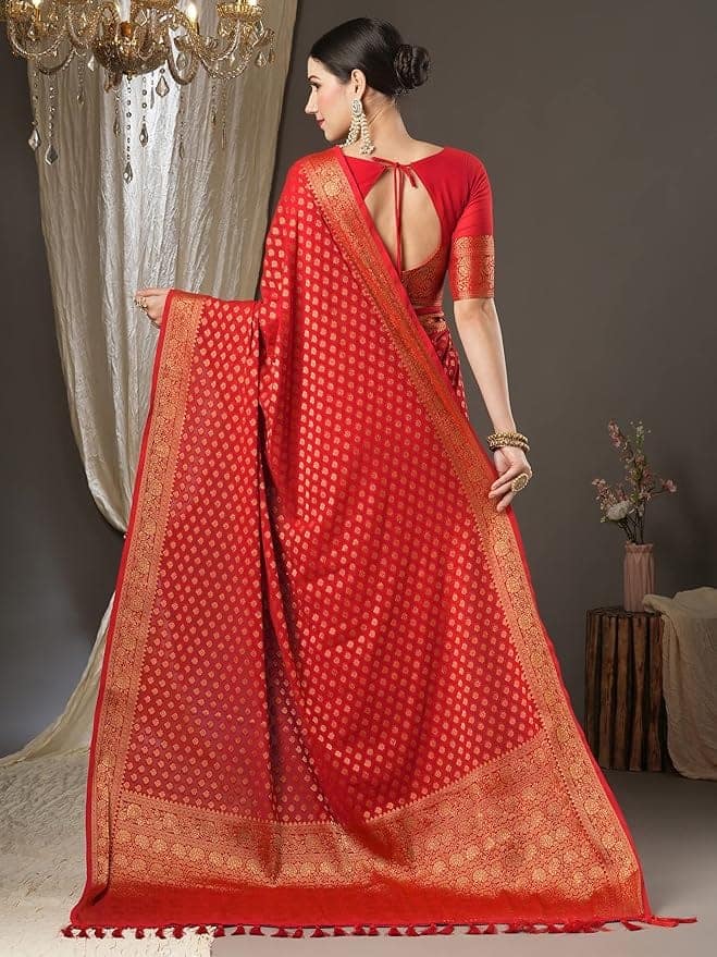 Red Banarasi Silk Saree With Golden Zari Work And Pallu view 2