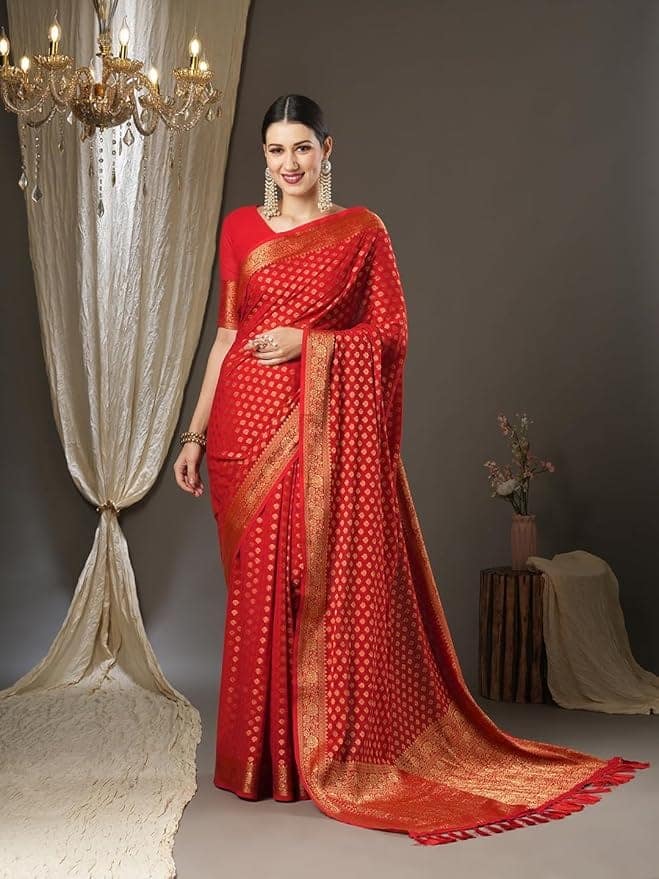 Red Banarasi Silk Saree With Golden Zari Work And Pallu view 3