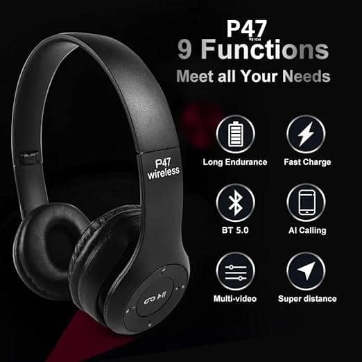 P47 Foldable Bluetooth Wireless Headphones - Black view 5