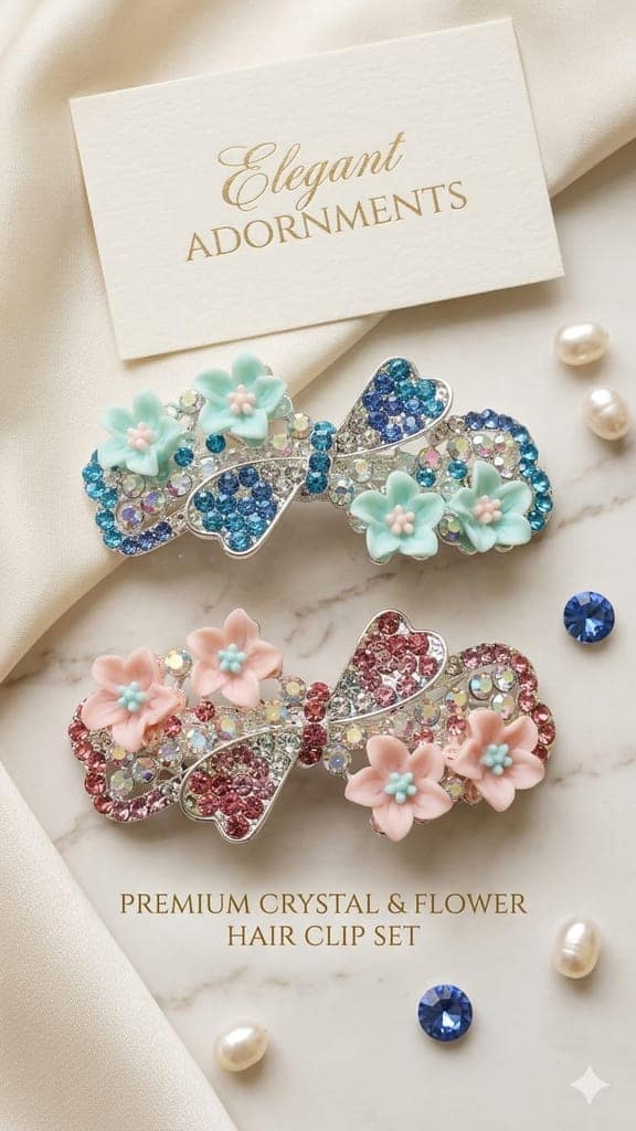 Floral Crystal Bow Hair Clip / Hair Barrette (pack of 2) view 2
