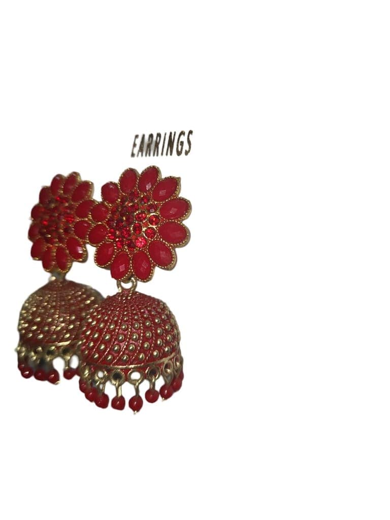Red Flower-Shaped Kundan Earrings with Gold-Plated Bells and Beads view 3