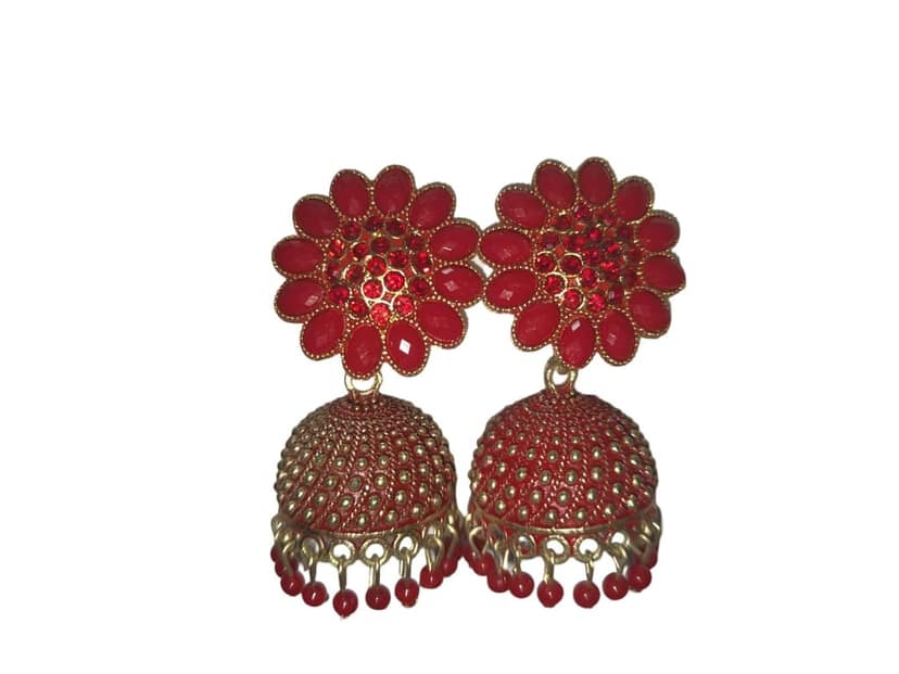 Red Flower-Shaped Kundan Earrings with Gold-Plated Bells and Beads view 4